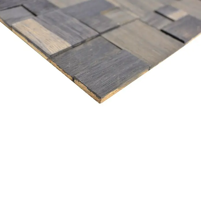 Selbstklebemosaik Wood SWM MC11B - 30 x 30 cm, Anthrazit, Matt - Nahaufnahme einer dekorativen Wandverkleidung aus Holzpaneelen in verschiedenen Grautönen und natürlichen Holzfarben.