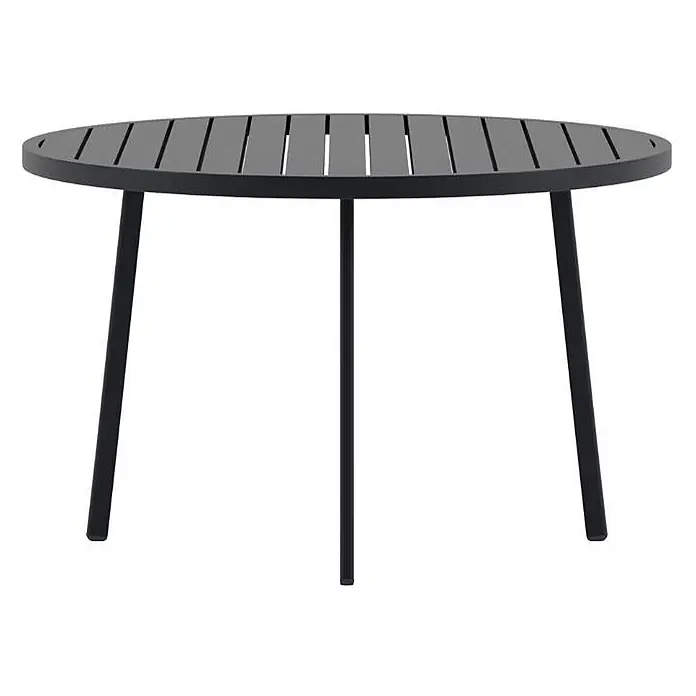 Ebuy24 Gartentisch Giardini - L x B x H: 120 x 120 x 74 cm, Ø x H: 120 x 74 cm, Aluminium, Sonstige, Schwarz - Dunkelgrauer runder Metall-Gartentisch mit Lattenplatte und drei schlanken Beinen.
