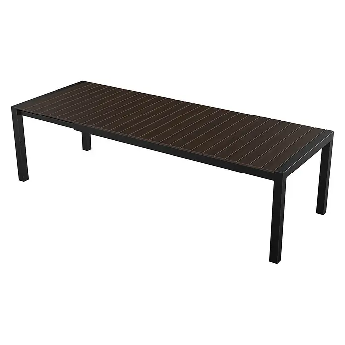Ebuy24 Gartentisch Joan - L x B x H: 100 x 275 x 76 cm, Ø x H: 275 x 76 cm, Aluminium, Polywood, Sonstige, Braun - Langer Gartentisch mit dunkelbrauner Lattenplatte und schwarzem Metallgestell.