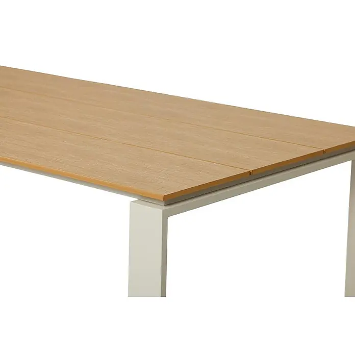 Ebuy24 Gartentisch Martinus - L x B x H: 100 x 210 x 75 cm, Ø x H: 210 x 75 cm, Aluminium, Nonwood, Sonstige, Teak - Tischecke mit heller Holzoptik-Platte und hellgrauem Metallgestell.