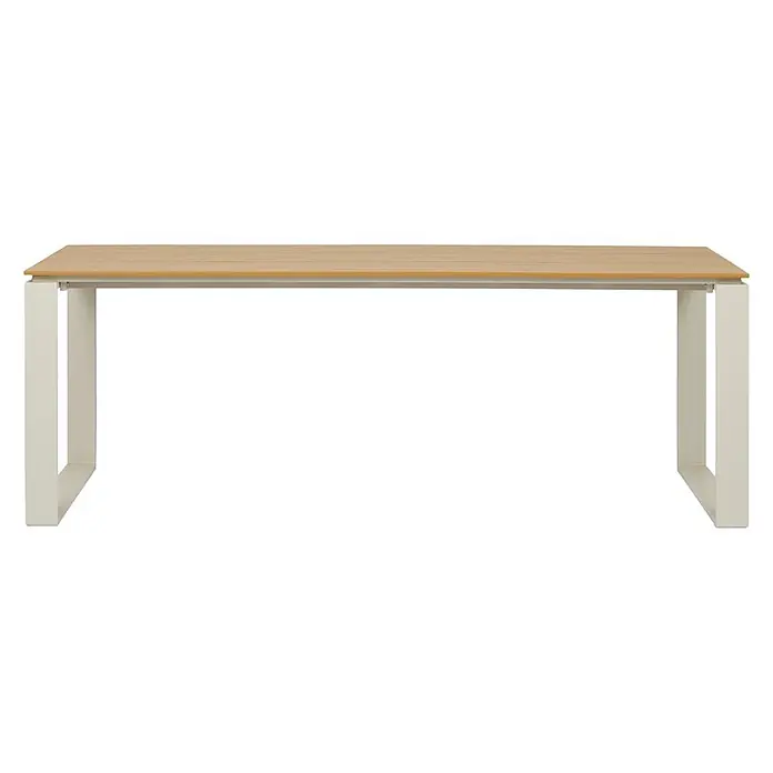 Ebuy24 Gartentisch Martinus - L x B x H: 100 x 210 x 75 cm, Ø x H: 210 x 75 cm, Aluminium, Nonwood, Sonstige, Teak - Rechteckiger Tisch mit heller Holzplatte und hellgrauen U-förmigen Metallbeinen.