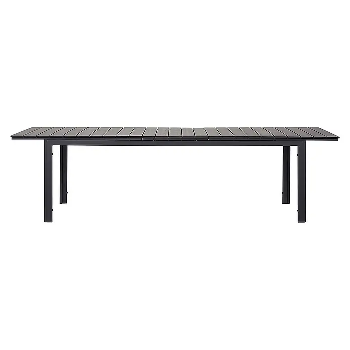 Ebuy24 Gartentisch Willy - L x B x H: 95 x 230 x 76 cm, Ø x H: 230 x 76 cm, Aluminium Polywood, Sonstige, Schwarz - Rechteckiger Outdoor-Esstisch mit dunkelgrauer Lattenplatte und schwarzem Metallrahmen.