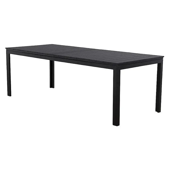 Ebuy24 Gartentisch Willy - L x B x H: 95 x 230 x 76 cm, Ø x H: 230 x 76 cm, Aluminium Polywood, Sonstige, Schwarz - Dunkelgrauer rechteckiger Outdoor-Esstisch mit Lamellenplatte und stabilem Metallrahmen.