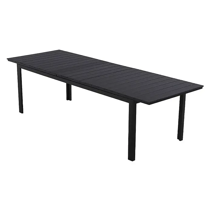 Ebuy24 Gartentisch Willy - L x B x H: 95 x 230 x 76 cm, Ø x H: 230 x 76 cm, Aluminium Polywood, Sonstige, Schwarz - Schwarzer rechteckiger Gartentisch mit Lattenplatte und stabilen Beinen.