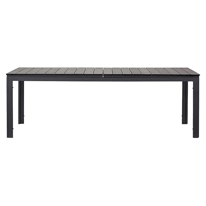Ebuy24 Gartentisch Willy - L x B x H: 95 x 230 x 76 cm, Ø x H: 230 x 76 cm, Aluminium Polywood, Sonstige, Schwarz - Langer dunkelgrauer Gartentisch mit Lattenrostplatte und Metallrahmen.