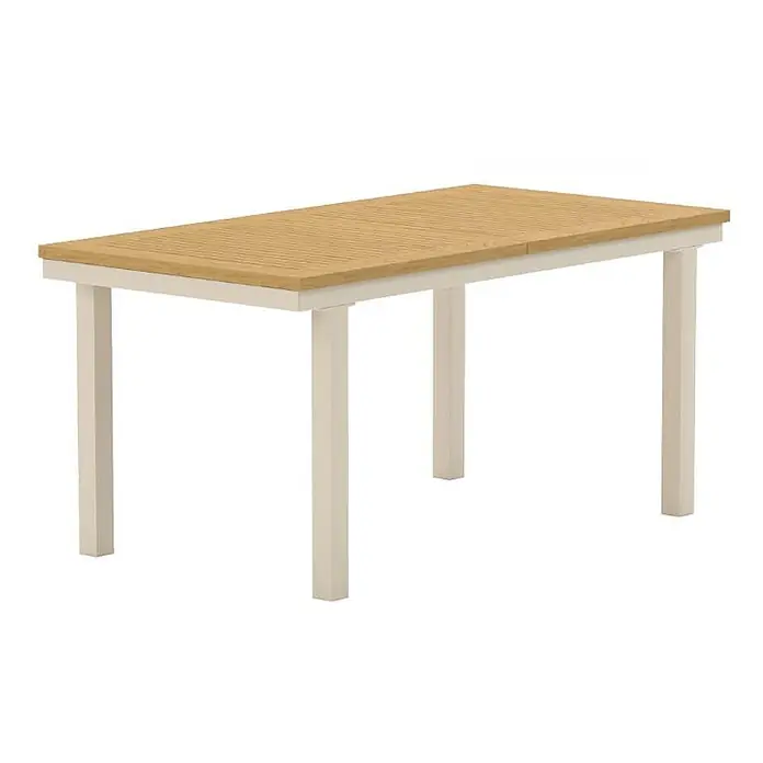 Ebuy24 Gartentisch Panama - L x B x H: 160 x 90 x 75 cm, Ø x H: 90 x 75 cm, Aluminium, Natur - Moderner rechteckiger Esstisch mit einer Lattenplatte aus hellem Holz und cremefarbenem Gestell.