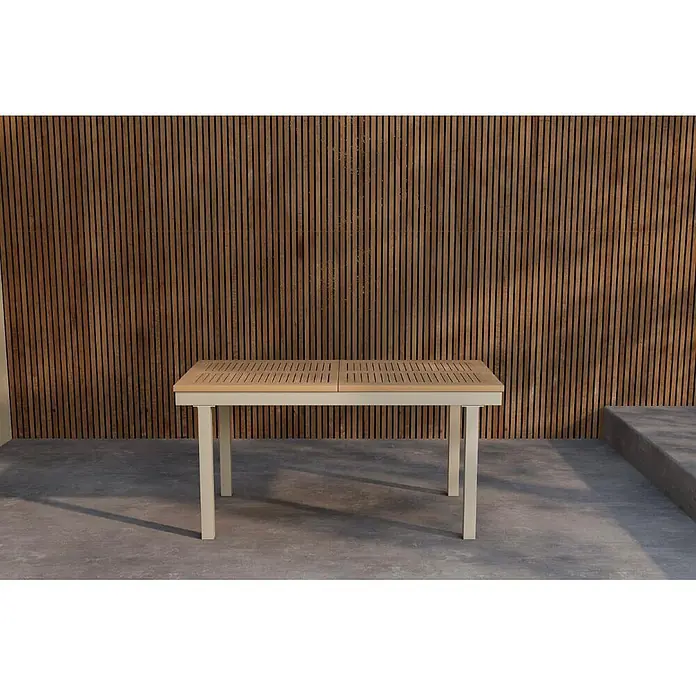 Ebuy24 Gartentisch Panama - L x B x H: 160 x 90 x 75 cm, Ø x H: 90 x 75 cm, Aluminium, Natur - Esstisch für den Außenbereich mit Lattenplatte aus Holz und hellgrauen Beinen, ideal für die Terrasse.