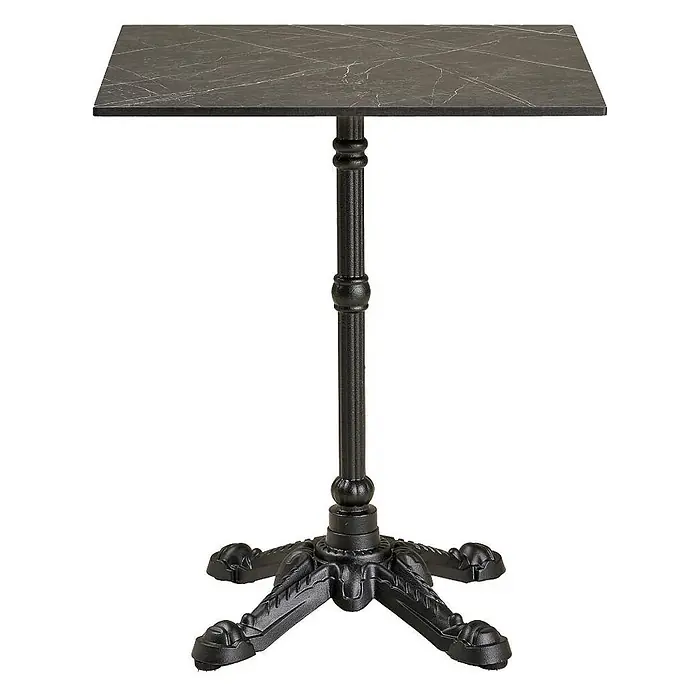 Ebuy24 Gartentisch Vivi - L x B x H: 60 x 60 x 73 cm, Ø x H: 60 x 73 cm, Aluminium, Sonstige, Grau - Quadratischer schwarzer Marmortisch mit verziertem schwarzem Gusseisen-Säulenfuß.