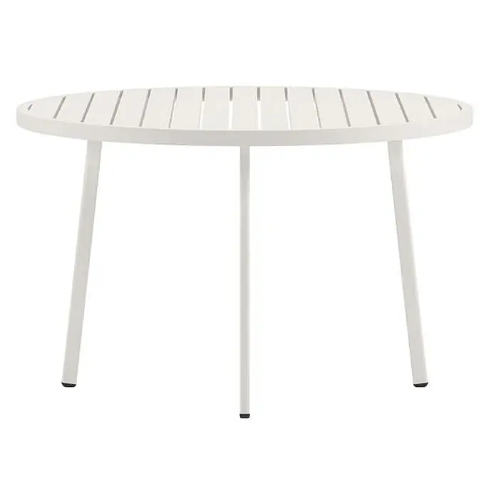 Ebuy24 Gartentisch Giardini - L x B x H: 120 x 120 x 74 cm, Ø x H: 120 x 74 cm, Aluminium, Sonstige, Beige - Weißer runder Gartentisch mit Lattenplatte und vier geraden Beinen.