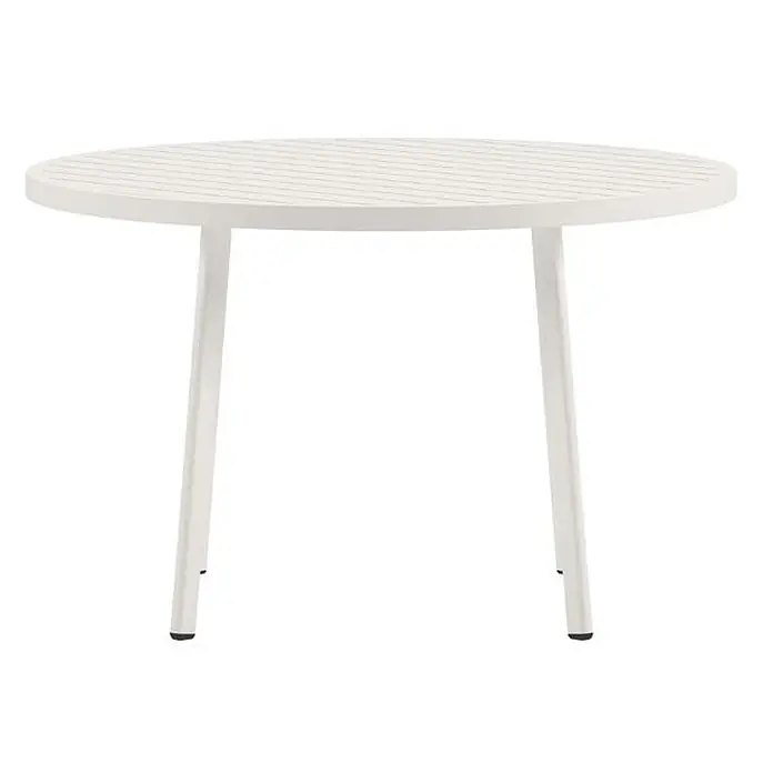 Ebuy24 Gartentisch Giardini - L x B x H: 120 x 120 x 74 cm, Ø x H: 120 x 74 cm, Aluminium, Sonstige, Beige - Weißer runder Tisch mit Lattenplatte und vier Beinen.