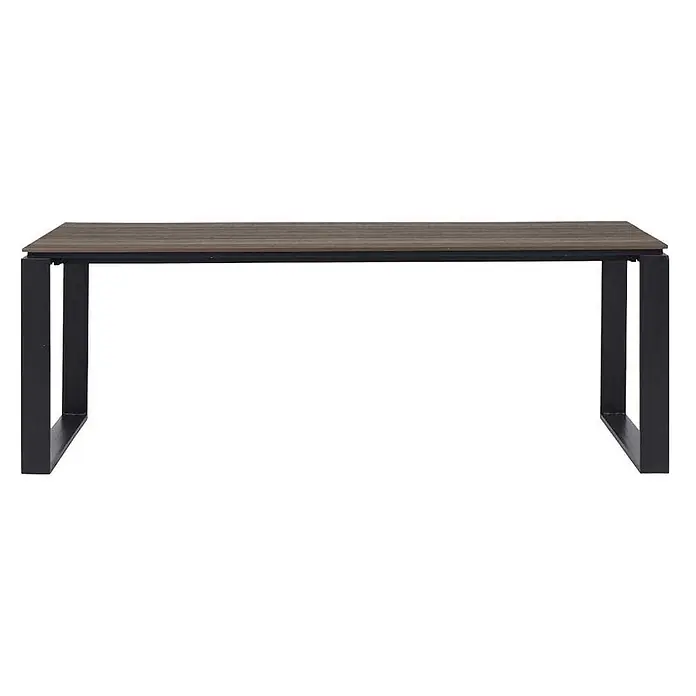 Ebuy24 Gartentisch Martinus - L x B x H: 100 x 210 x 75 cm, Ø x H: 210 x 75 cm, Aluminium Nonwood, Sonstige, Braun - Rechteckiger Tisch mit dunkler Holzmaserungsplatte und schwarzen U-förmigen Metallbeinen.
