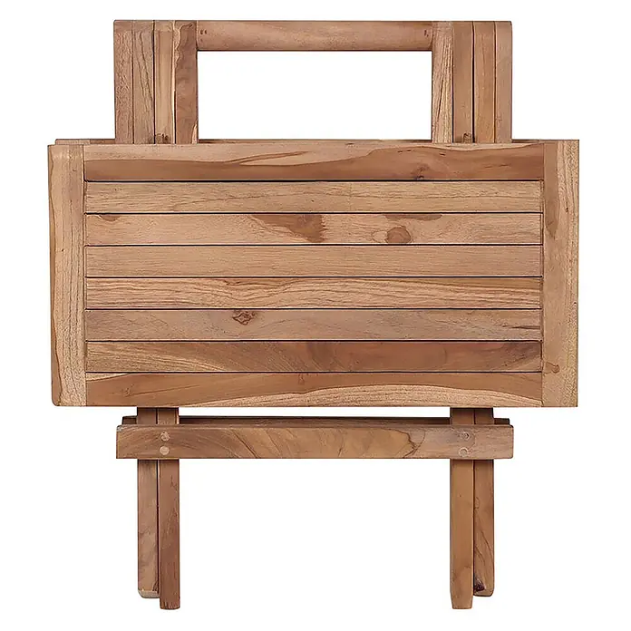Ebuy24 Gartentisch Bine - L x B x H: 50 x 50 x 50 cm, Ø x H: 50 x 50 cm, Teakholz massiv, Sonstige, Braun - Klappbarer Holztisch aus Naturholz, zusammengeklappt und aufrecht stehend, mit Lattenplatte und integriertem Tragegriff.
