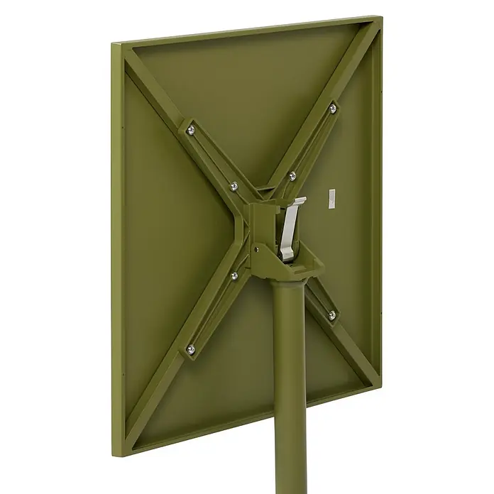 Ebuy24 Gartentisch Adam - L x B x H: 60 x 60 x 73 cm, Ø x H: 60 x 73 cm, Stahl, Sonstige, Grün - Unterseite einer olivgrünen quadratischen Tischplatte mit zentraler Stützstruktur und Klappmechanismus, verschraubt.