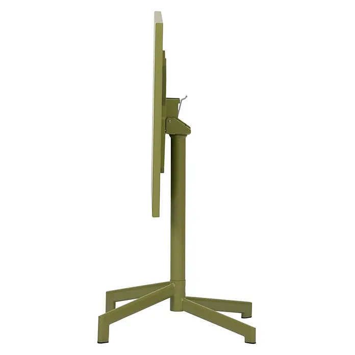 Ebuy24 Gartentisch Adam - L x B x H: 60 x 60 x 73 cm, Ø x H: 60 x 73 cm, Stahl, Sonstige, Grün - Grüner Klapptisch aus Metall, Seitenansicht mit hochgeklappter Tischplatte.