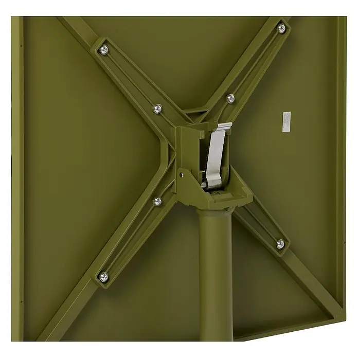 Ebuy24 Gartentisch Adam - L x B x H: 60 x 60 x 73 cm, Ø x H: 60 x 73 cm, Stahl, Sonstige, Grün - Unterseite eines olivgrünen Klapptisches mit zentraler Beinbefestigung, Stützstruktur und Metallverschluss.
