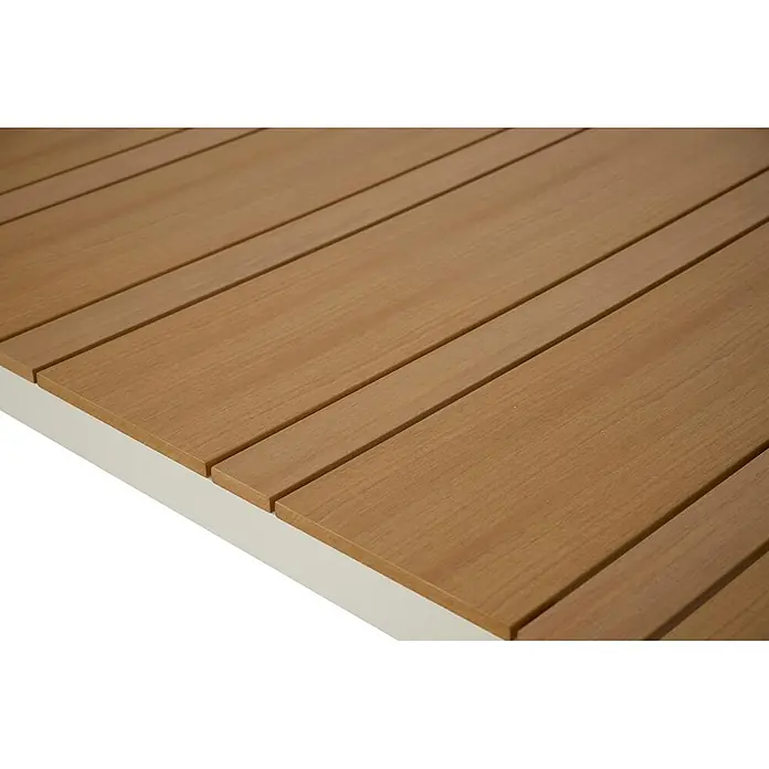 Ebuy24 Gartentisch Noah - L x B x H: 90 x 205 x 74 cm, Ø x H: 205 x 74 cm, Aluminium, Nonwood, Sonstige, Teak - Nahaufnahme einer hellbraunen Latten-Tischplatte mit weißem Rahmen.