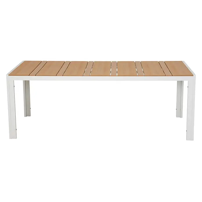 Ebuy24 Gartentisch Noah - L x B x H: 90 x 205 x 74 cm, Ø x H: 205 x 74 cm, Aluminium, Nonwood, Sonstige, Teak - Rechteckiger Tisch mit weißem Gestell und heller Holzlattenplatte.