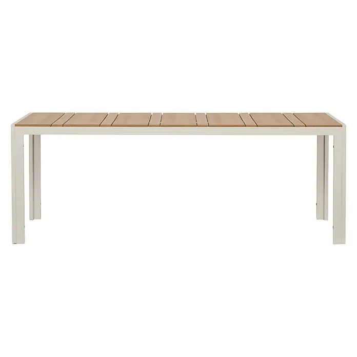 Ebuy24 Gartentisch Noah - L x B x H: 90 x 205 x 74 cm, Ø x H: 205 x 74 cm, Aluminium, Nonwood, Sonstige, Teak - Rechteckiger Tisch mit weißem Metallrahmen und lattenförmiger heller Holzplatte.
