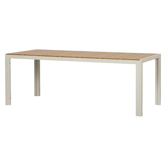 Ebuy24 Gartentisch Noah - L x B x H: 90 x 205 x 74 cm, Ø x H: 205 x 74 cm, Aluminium, Nonwood, Sonstige, Teak - Rechteckiger Outdoor-Tisch mit heller Holzlattenplatte und hellfarbenem Metallgestell.