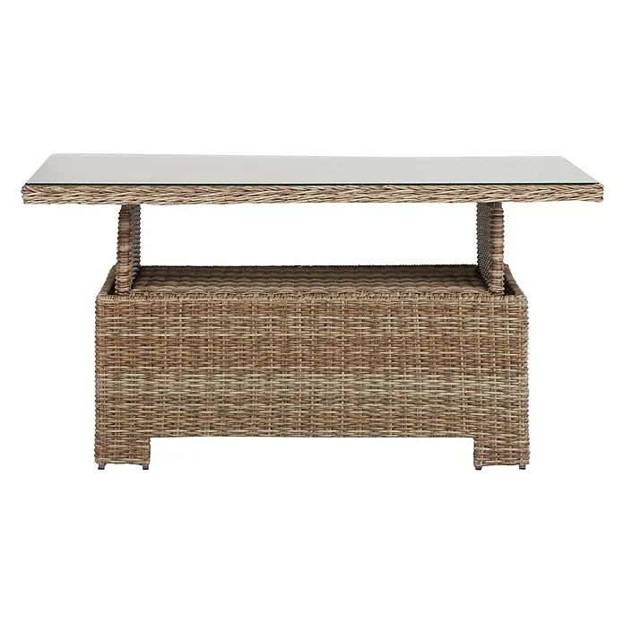 Ebuy24 Gartentisch Gram - L x B x H: 84 x 134 x 68 cm, Ø x H: 134 x 68 cm, Aluminium, Rattan, Glas Rattan = Polyrattan, Sonstige, Holz - Zweistufiger Beistelltisch aus Rattan-Geflecht mit Glasplatte und praktischer Ablagefläche.