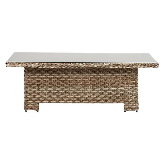 Ebuy24 Gartentisch Gram - L x B x H: 84 x 134 x 68 cm, Ø x H: 134 x 68 cm, Aluminium, Rattan, Glas Rattan = Polyrattan, Sonstige, Holz - Rechteckiger Gartentisch mit naturbraunem Rattan-Geflechtgestell und Glasplatte.