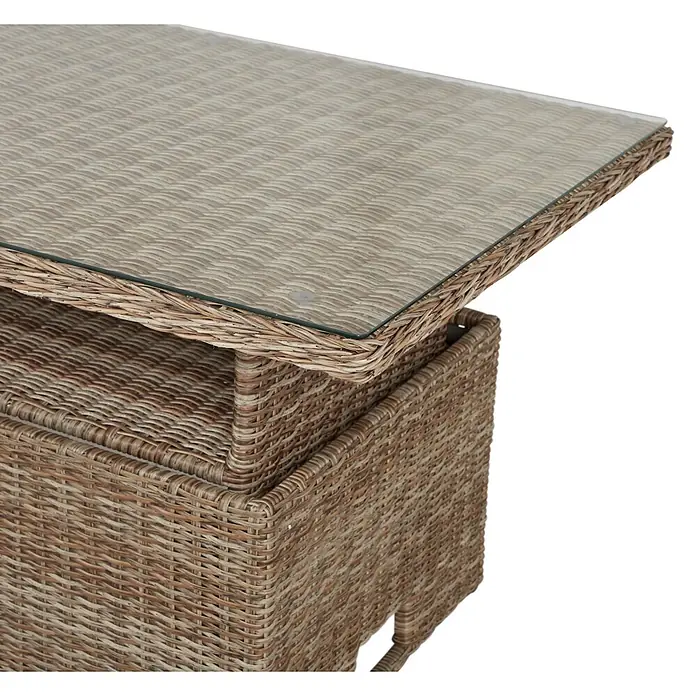 Ebuy24 Gartentisch Gram - L x B x H: 84 x 134 x 68 cm, Ø x H: 134 x 68 cm, Aluminium, Rattan, Glas Rattan = Polyrattan, Sonstige, Holz - Rattan-Couchtisch mit Glasplatte und unterer Ablage, in natürlichen Brauntönen.