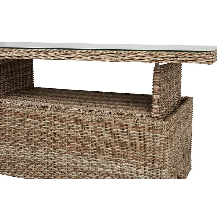 Ebuy24 Gartentisch Gram - L x B x H: 84 x 134 x 68 cm, Ø x H: 134 x 68 cm, Aluminium, Rattan, Glas Rattan = Polyrattan, Sonstige, Holz - Natürlicher hellbrauner Rattan-Beistelltisch mit Glasplatte und offenem Ablagefach.