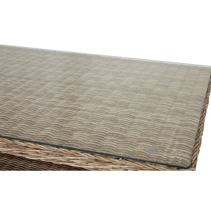 Ebuy24 Gartentisch Gram - L x B x H: 84 x 134 x 68 cm, Ø x H: 134 x 68 cm, Aluminium, Rattan, Glas Rattan = Polyrattan, Sonstige, Holz - Geflochtener Rattantisch mit klarer Glasplatte.