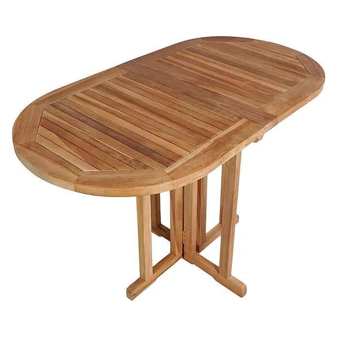 Ebuy24 Gartentisch Huelva - L x B x H: 120 x 60 x 75 cm, Ø x H: 60 x 75 cm, Teak, Sonstige, Teak Dekor - Ovaler Klapptisch aus Teakholz mit Lattenplatte und klappbaren Beinen, ideal für kompakte Räume.