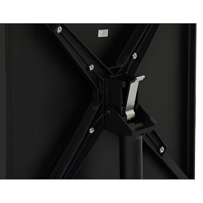Ebuy24 Gartentisch Adam - L x B x H: 60 x 60 x 73 cm, Ø x H: 60 x 73 cm, Stahl, Sonstige, Schwarz - Unterseite eines schwarzen Tisches mit X-förmiger Beinauflage und zentralem Klappmechanismus.