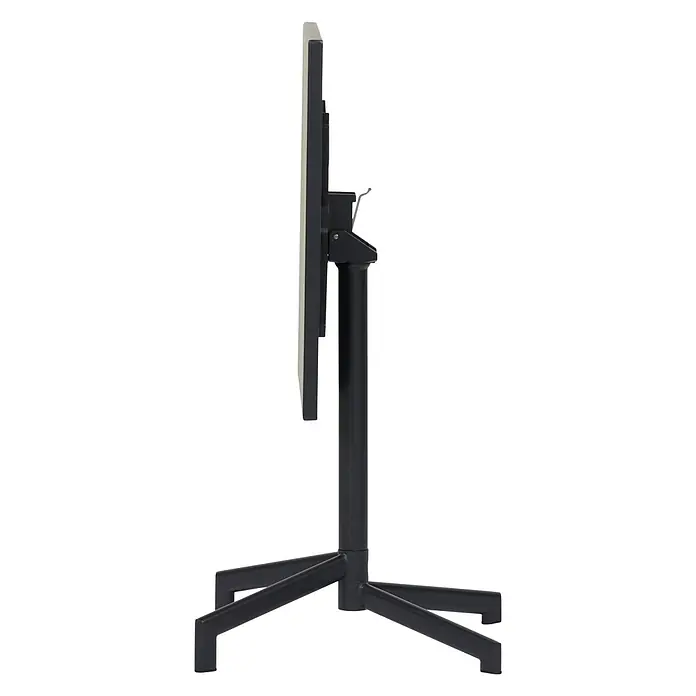 Ebuy24 Gartentisch Adam - L x B x H: 60 x 60 x 73 cm, Ø x H: 60 x 73 cm, Stahl, Sonstige, Schwarz - Seitenansicht eines schwarzen Klapptisches mit heller Tischplatte, aufrecht auf vierbeinigem Untergestell gelagert.