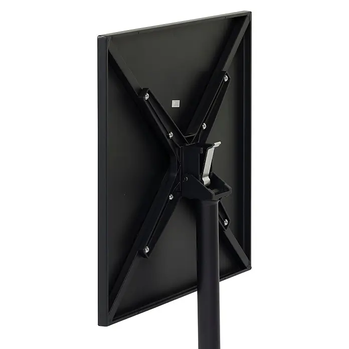 Ebuy24 Gartentisch Adam - L x B x H: 60 x 60 x 73 cm, Ø x H: 60 x 73 cm, Stahl, Sonstige, Schwarz - Unterseite eines schwarzen Vierkanttisches mit sternförmiger Basis und zylindrischem Bein, mit Schrauben befestigt.