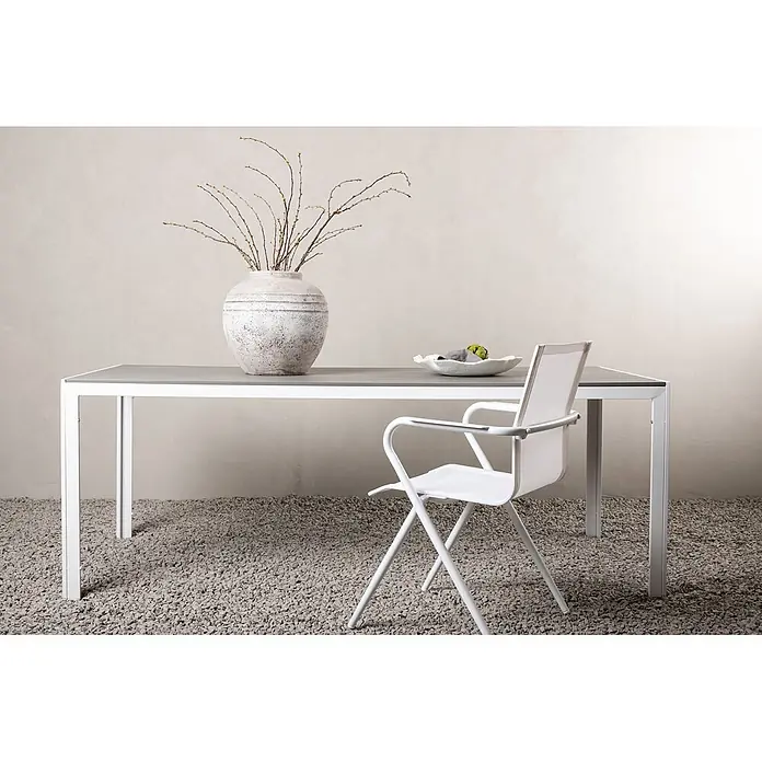 Ebuy24 Gartentisch Break - L x B x H: 90 x 205 x 74 cm, Ø x H: 90 x 74 cm, Aintwood, Aluminium, Sonstige, Weiß - Outdoor-Essgruppe mit weißem Tischgestell, grauer Platte und weißem Netzstuhl für Terrasse oder Garten.