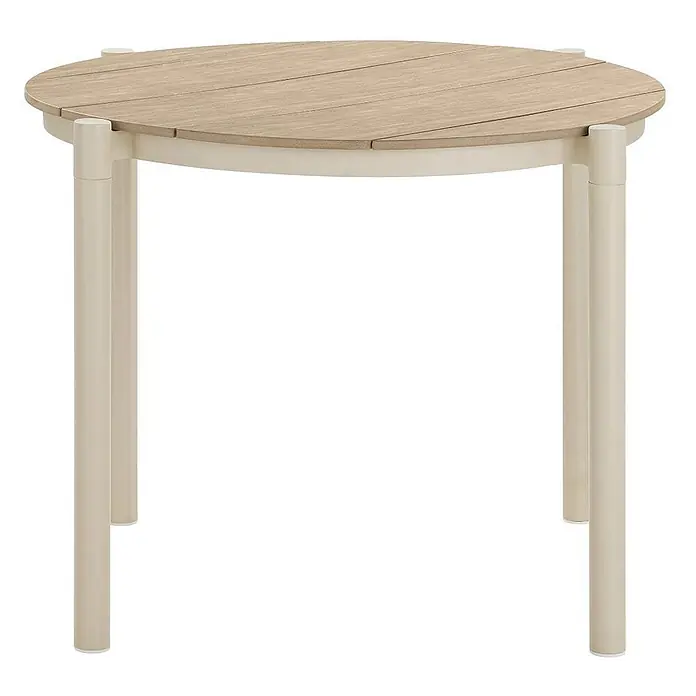 Ebuy24 Gartentisch Bella - L x B x H: 90 x 90 x 74 cm, Ø x H: 90 x 74 cm, Nonwood (PE), Aluminium, Sandfarben - Runder Tisch mit heller Holzlamellenplatte und cremefarbenen Metallbeinen.