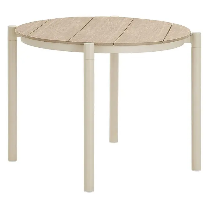 Ebuy24 Gartentisch Bella - L x B x H: 90 x 90 x 74 cm, Ø x H: 90 x 74 cm, Nonwood (PE), Aluminium, Sandfarben - Runder Gartentisch mit heller Holzlattenplatte und cremefarbenen Metallbeinen.
