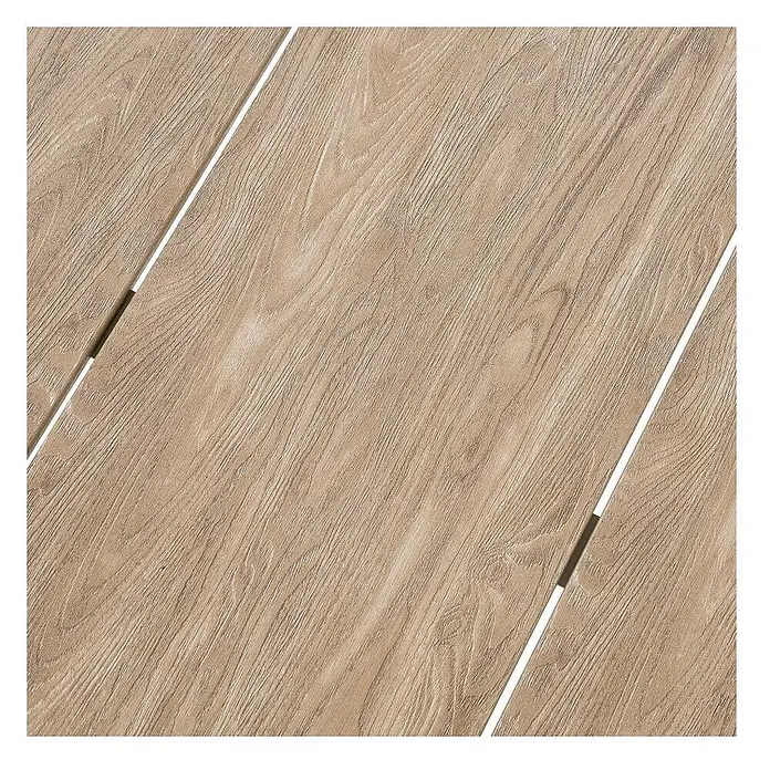 Ebuy24 Gartentisch Bella - L x B x H: 90 x 90 x 74 cm, Ø x H: 90 x 74 cm, Nonwood (PE), Aluminium, Sandfarben - Hellbraune Holzoptik-Tischplatte oder Terrassenoberfläche mit weißen Fugen und dunklen Metallakzenten.