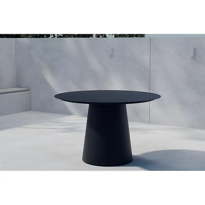 Ebuy24 Gartentisch Lanzo - L x B x H: 120 x 120 x 75 cm, Ø x H: 120 x 75 cm, Aluminium, Sonstige, Schwarz - Mattschwarzer runder Esstisch für den Außenbereich mit konischem Sockel.