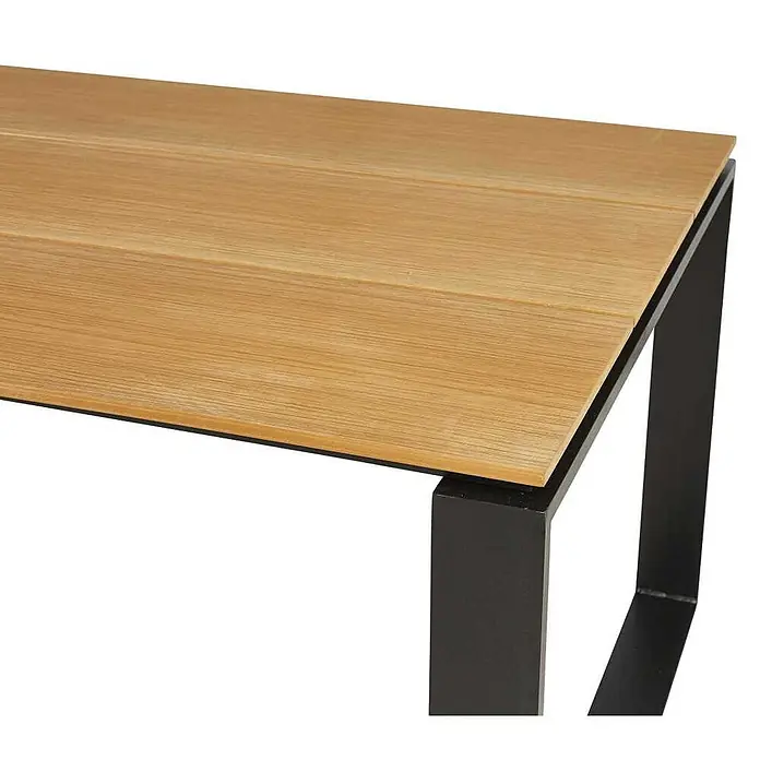 Ebuy24 Gartentisch Martinus - L x B x H: 100 x 210 x 75 cm, Ø x H: 210 x 75 cm, Aluminium Nonwood, Sonstige, Teak Dekor - Hellbraune Holzlamellen-Tisch-/Bankplatte mit schwarzen Metallbeinen.