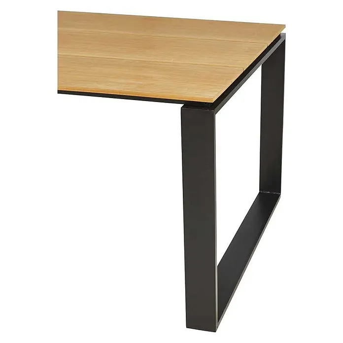Ebuy24 Gartentisch Martinus - L x B x H: 100 x 210 x 75 cm, Ø x H: 210 x 75 cm, Aluminium Nonwood, Sonstige, Teak Dekor - Tisch aus hellem Holz mit dunklen, U-förmigen Metallbeinen.