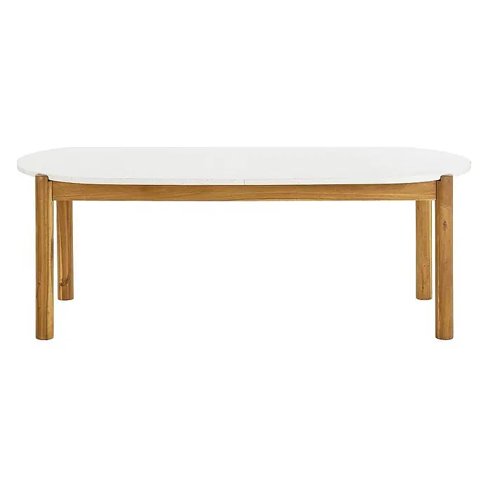 Ebuy24 Gartentisch Tirsa - L x B x H: 95 x 210 x 76 cm, Ø x H: 210 x 76 cm, Akazie, Terrazzo, Sonstige, Natur - Ausziehbarer ovaler Esstisch mit weißer Platte und hellbraunen Holzbeinen.