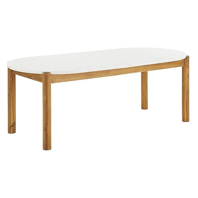 Ebuy24 Gartentisch Tirsa - L x B x H: 95 x 210 x 76 cm, Ø x H: 210 x 76 cm, Akazie, Terrazzo, Sonstige, Natur - Ovaler Esstisch mit weißer, ausziehbarer Platte und Beinen aus hellem Holz.