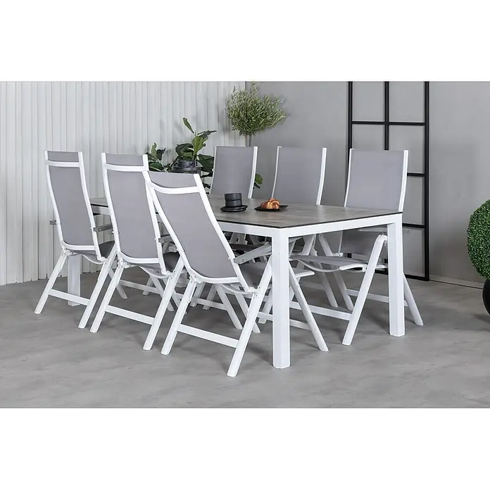 Ebuy24 Gartentisch Llama - L x B x H: 205 x 100 x 75 cm, Ø x H: 100 x 75 cm, Aluminium, HPL, Sonstige, Weiß - Weiß-graue Essgruppe mit einem rechteckigen Tisch und sechs klappbaren Stühlen, für drinnen und draußen geeignet.