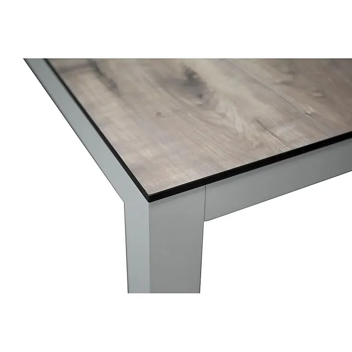 Ebuy24 Gartentisch Llama - L x B x H: 205 x 100 x 75 cm, Ø x H: 100 x 75 cm, Aluminium, HPL, Sonstige, Weiß - Tischecke mit Holzoptikplatte und hellgrauem Gestell.