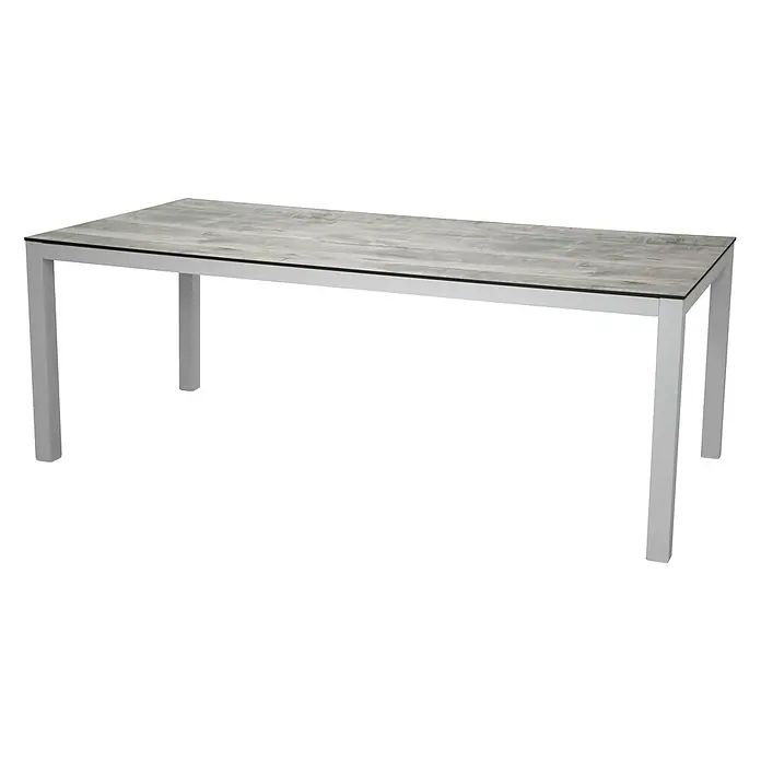Ebuy24 Gartentisch Llama - L x B x H: 205 x 100 x 75 cm, Ø x H: 100 x 75 cm, Aluminium, HPL, Sonstige, Weiß - Tisch mit grauer strukturierter Platte und silbernem Metallrahmen.
