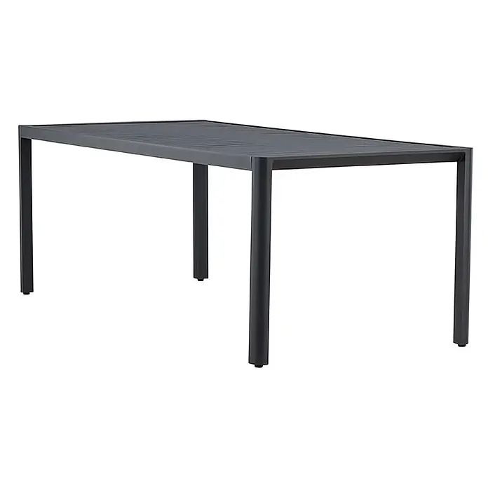 Ebuy24 Gartentisch Giardini - L x B x H: 200 x 90 x 72 cm, Ø x H: 90 x 72 cm, Aluminium, Schwarz - Dunkelgrauer rechteckiger Outdoor-Esstisch mit Lattenrost aus Metall und einer Mischung aus quadratischen und zylindrischen Beinen.