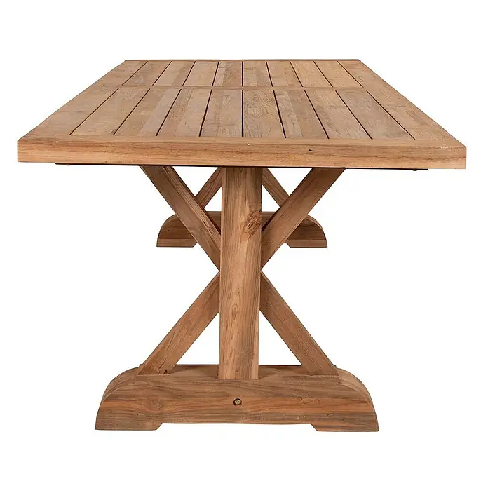 Ebuy24 Gartentisch Volos - L x B x H: 240 x 100 x 75 cm, Ø x H: 100 x 75 cm, Teakholz, Teak - Rechteckiger Holztisch für den Außenbereich mit Lattenplatte und X-förmigem Bockgestell.