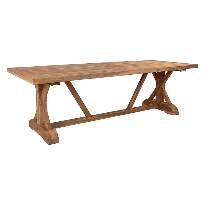 Ebuy24 Gartentisch Volos - L x B x H: 240 x 100 x 75 cm, Ø x H: 100 x 75 cm, Teakholz, Teak - Rechteckiger Esstisch aus Massivholz mit Lattenplatte und X-förmigem Bockgestell.