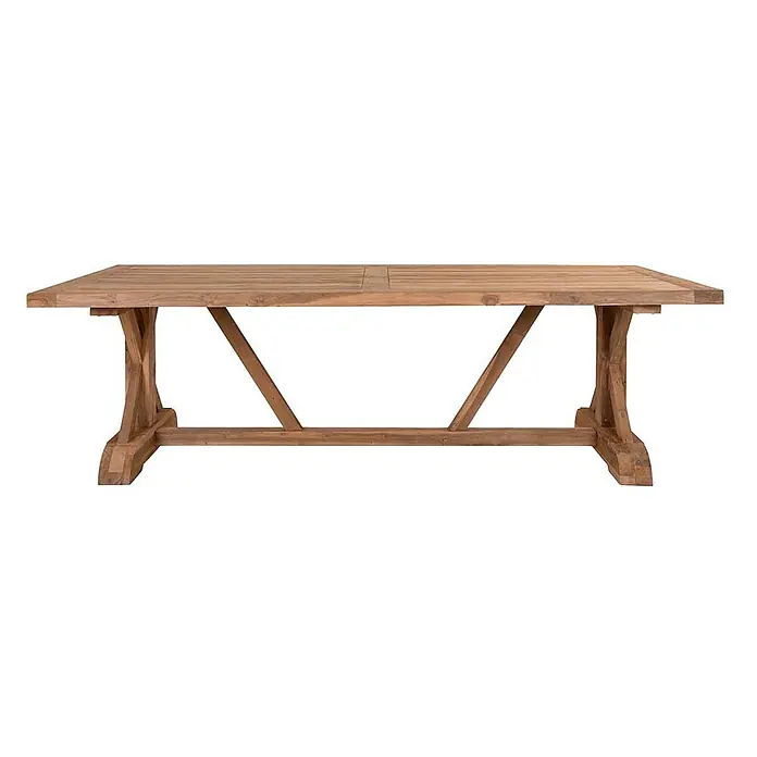 Ebuy24 Gartentisch Volos - L x B x H: 240 x 100 x 75 cm, Ø x H: 100 x 75 cm, Teakholz, Teak - Naturholz-Esstisch mit stabilem Traversenfuß-Design.