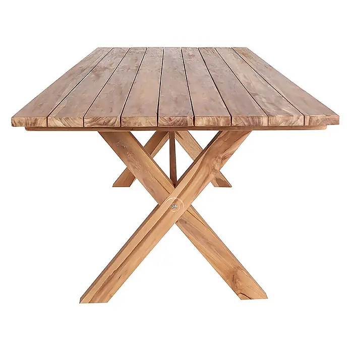 Ebuy24 Gartentisch Muline - L x B x H: 200 x 90 x 75 cm, Ø x H: 90 x 75 cm, Recyceltes Teakholz massiv, Sonstige, Braun - Latten-Holztisch mit X-förmigen Beinen.