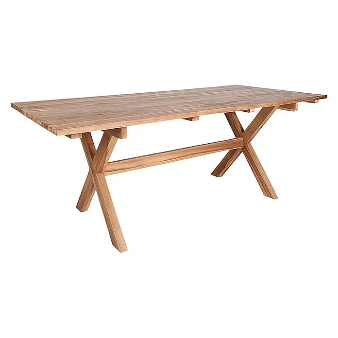 Ebuy24 Gartentisch Muline - L x B x H: 200 x 90 x 75 cm, Ø x H: 90 x 75 cm, Recyceltes Teakholz massiv, Sonstige, Braun - Holztisch für den Außenbereich mit gekreuzten X-Beinen.